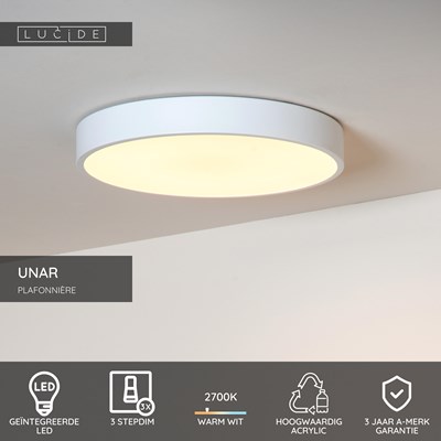 Lucide UNAR - Plafonnière - Ø 39,5 cm - LED 3 StepDim - 1x24W 2700K - Wit
